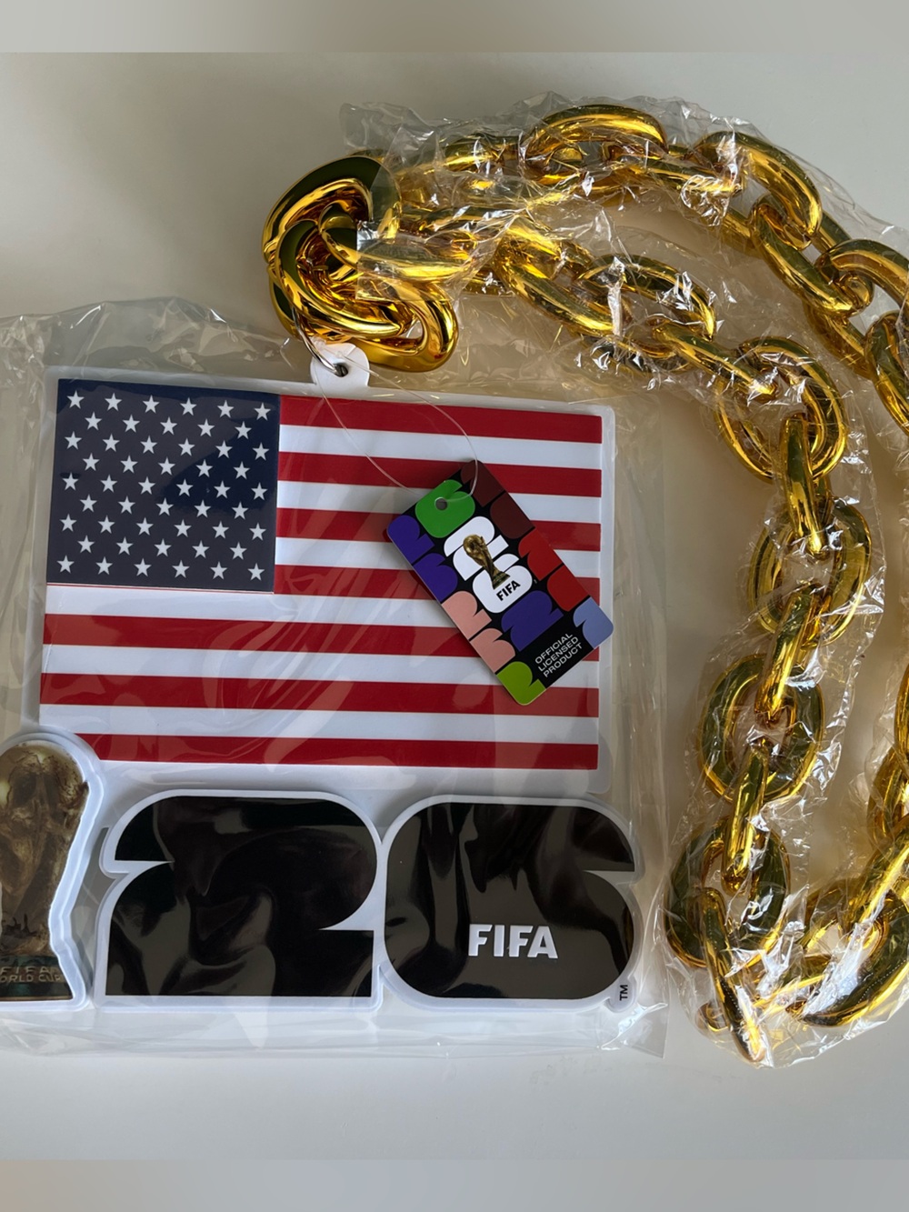 FIFA World Cup 2026 USA Foam Flag Chain Trophyman Necklace NWT Soccer Football